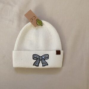White Knit Beanie with Bow Accent